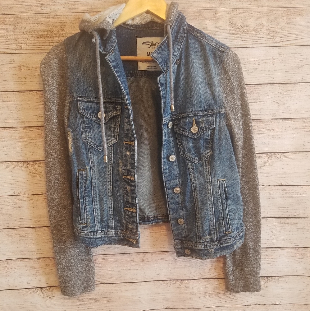 silver distressed jean jacket with hoodie